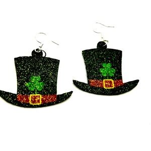 NEW St. Patrick's Day Lucky Irish Black Top Hat with Shamrock accent Earrings